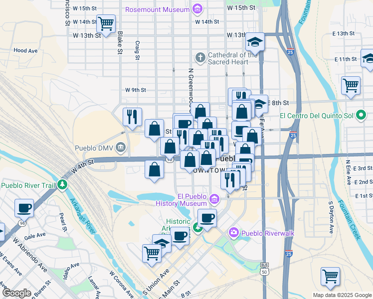 map of restaurants, bars, coffee shops, grocery stores, and more near 404 N Greenwood St in Pueblo