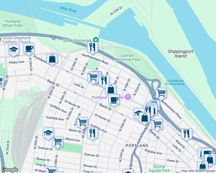 map of restaurants, bars, coffee shops, grocery stores, and more near 2515 Portland Avenue in Louisville