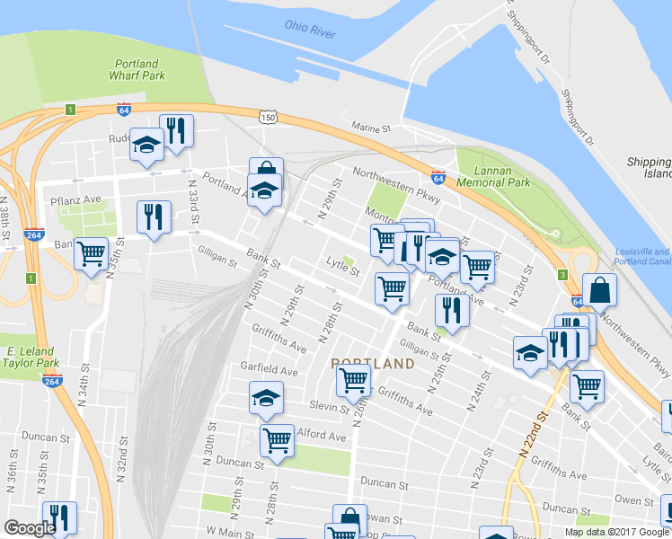 map of restaurants, bars, coffee shops, grocery stores, and more near 2802 Lytle Street in Louisville
