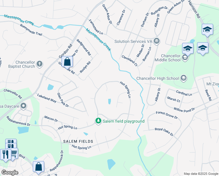 map of restaurants, bars, coffee shops, grocery stores, and more near 11307 Currituck Court in Fredericksburg