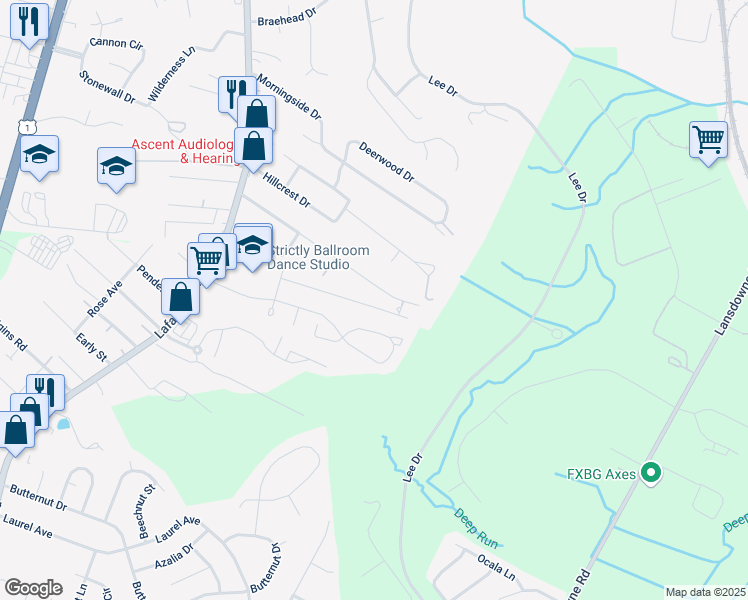 map of restaurants, bars, coffee shops, grocery stores, and more near 214 Farrell Lane in Fredericksburg