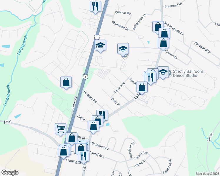 map of restaurants, bars, coffee shops, grocery stores, and more near 4420 East McLaws Street in Fredericksburg