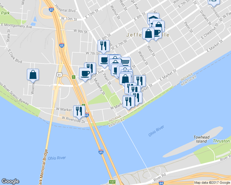 map of restaurants, bars, coffee shops, grocery stores, and more near 198 West Chestnut Street in Jeffersonville