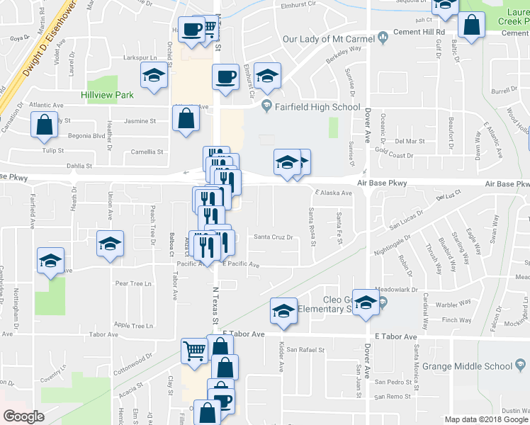 map of restaurants, bars, coffee shops, grocery stores, and more near 261 East Alaska Avenue in Fairfield