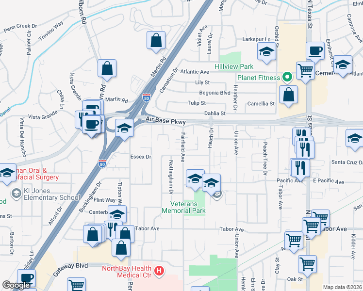 map of restaurants, bars, coffee shops, grocery stores, and more near 2323 Fairfield Avenue in Fairfield