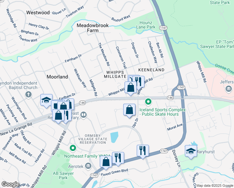 map of restaurants, bars, coffee shops, grocery stores, and more near 9800 Whipps Mill Road in Louisville