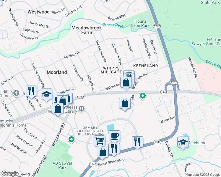 map of restaurants, bars, coffee shops, grocery stores, and more near 9800 Whipps Mill Road in Louisville