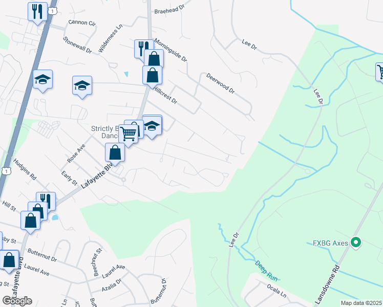 map of restaurants, bars, coffee shops, grocery stores, and more near 177 Farrell Lane in Fredericksburg