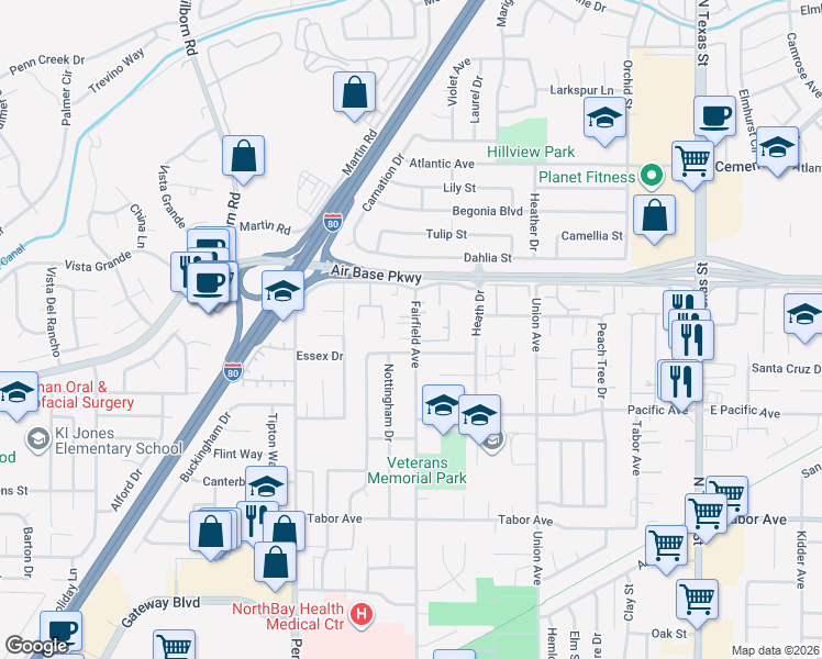 map of restaurants, bars, coffee shops, grocery stores, and more near 2323 Fairfield Avenue in Fairfield