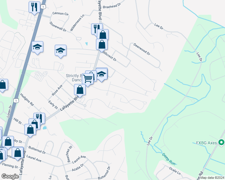 map of restaurants, bars, coffee shops, grocery stores, and more near 213 Olde Greenwich Drive in Fredericksburg