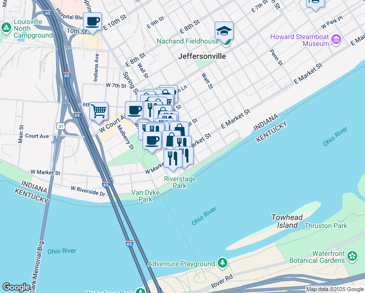 map of restaurants, bars, coffee shops, grocery stores, and more near 129 East Market Street in Jeffersonville