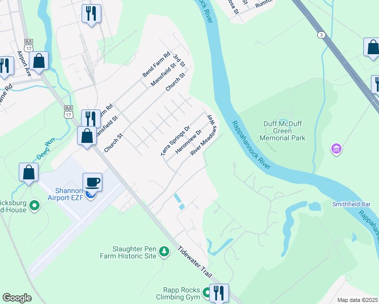 map of restaurants, bars, coffee shops, grocery stores, and more near 11516 River Meadows Way in Fredericksburg