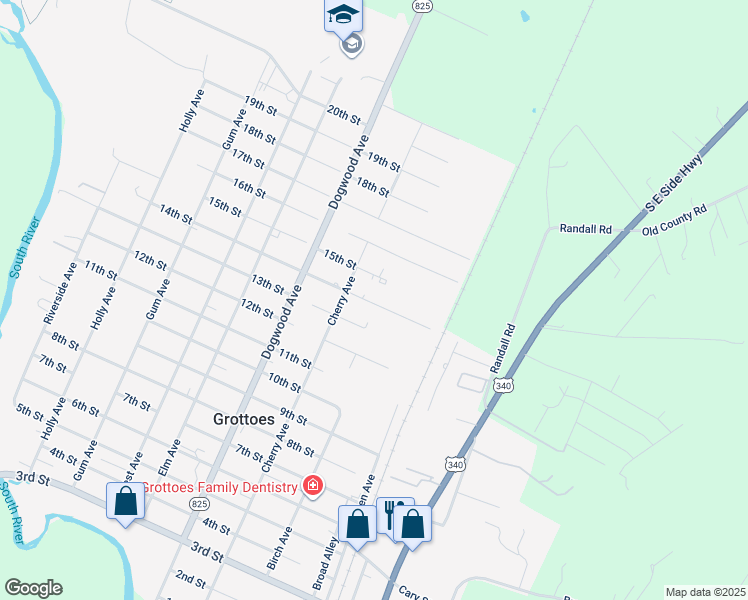 map of restaurants, bars, coffee shops, grocery stores, and more near 104 14th Street in Grottoes
