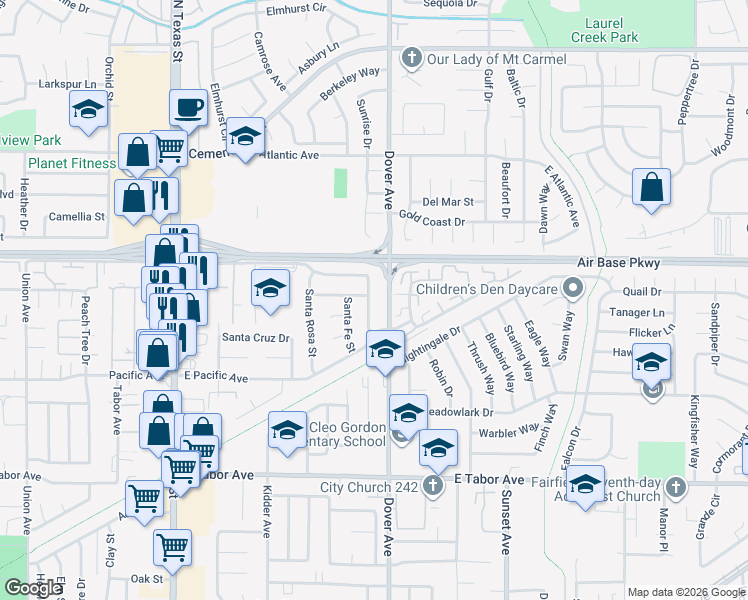 map of restaurants, bars, coffee shops, grocery stores, and more near 2286 Santa Clara Street in Fairfield