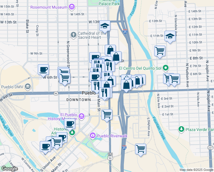 map of restaurants, bars, coffee shops, grocery stores, and more near 408 U.S. 50 Business in Pueblo