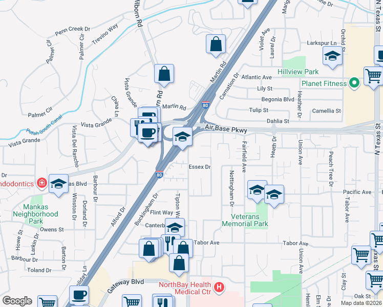 map of restaurants, bars, coffee shops, grocery stores, and more near 1216 Vienna Court in Fairfield