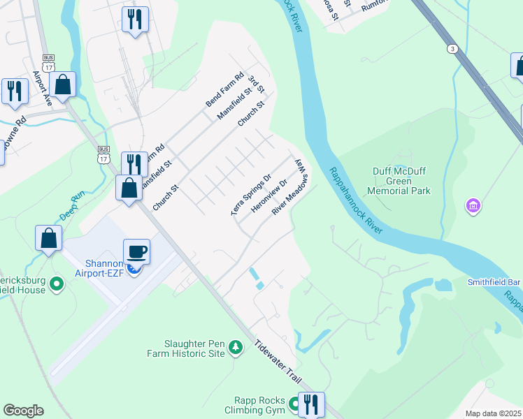 map of restaurants, bars, coffee shops, grocery stores, and more near 11511 Heronview Drive in Fredericksburg