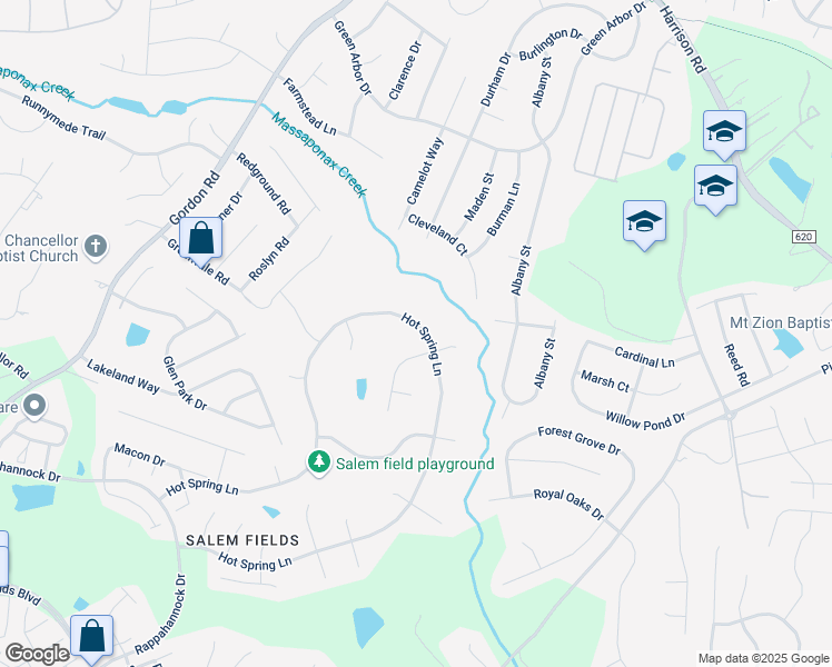 map of restaurants, bars, coffee shops, grocery stores, and more near 6309 Hot Spring Lane in Fredericksburg