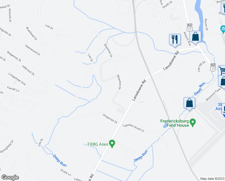 map of restaurants, bars, coffee shops, grocery stores, and more near 11500 Shannon Drive in Fredericksburg