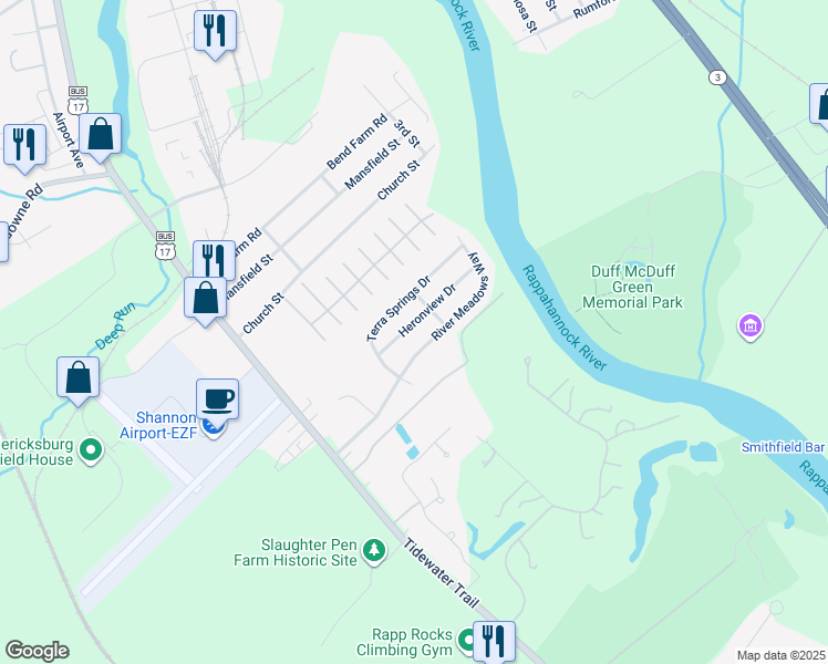 map of restaurants, bars, coffee shops, grocery stores, and more near 11511 Heronview Drive in Fredericksburg