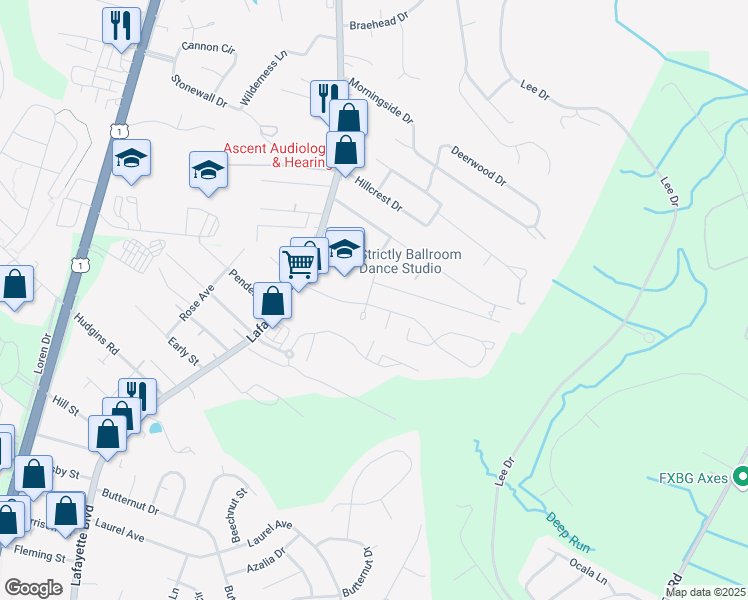 map of restaurants, bars, coffee shops, grocery stores, and more near 203 Olde Greenwich Drive in Fredericksburg