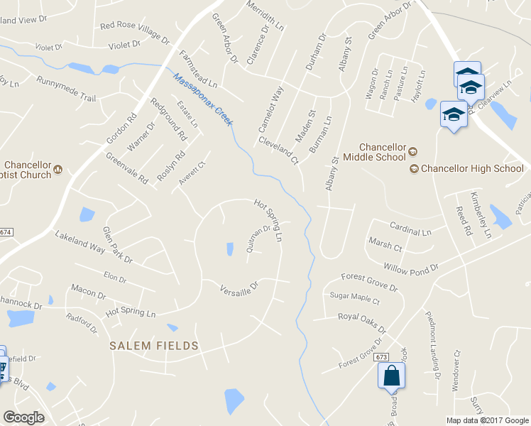 map of restaurants, bars, coffee shops, grocery stores, and more near 6309 Hot Spring Lane in Fredericksburg