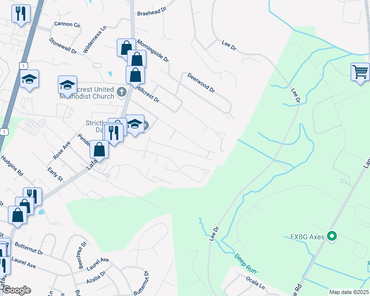 map of restaurants, bars, coffee shops, grocery stores, and more near 192 Farrell Lane in Fredericksburg