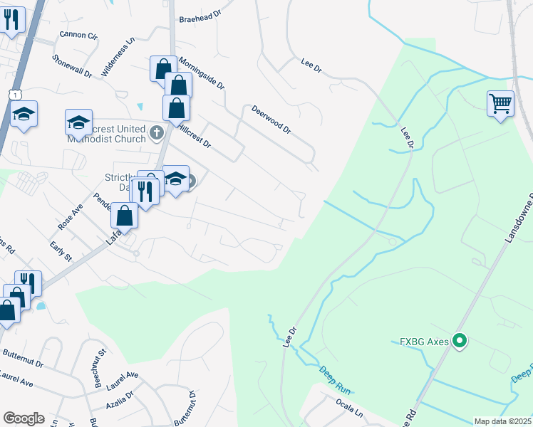 map of restaurants, bars, coffee shops, grocery stores, and more near 178 Longstreet Avenue in Fredericksburg