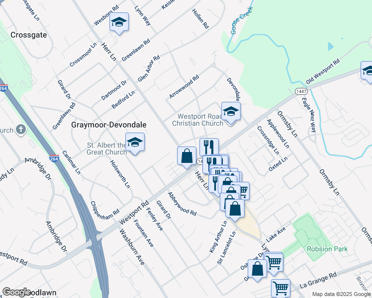 map of restaurants, bars, coffee shops, grocery stores, and more near 1408 Herr Lane in Graymoor-Devondale