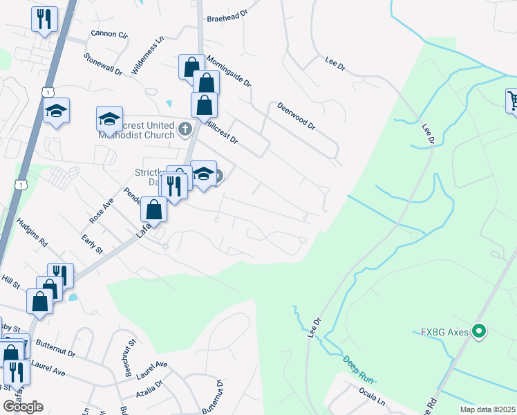 map of restaurants, bars, coffee shops, grocery stores, and more near 159 Farrell Lane in Fredericksburg