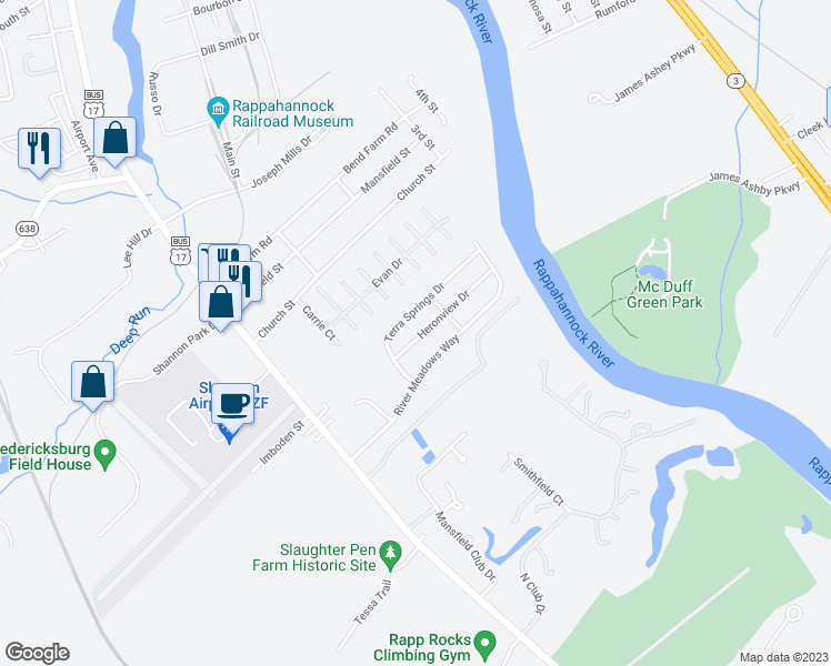 map of restaurants, bars, coffee shops, grocery stores, and more near 11508 Heronview Drive in Fredericksburg