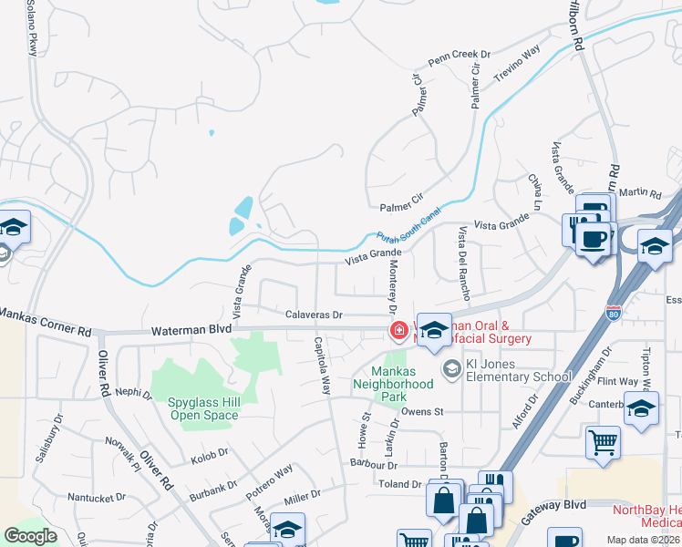 map of restaurants, bars, coffee shops, grocery stores, and more near 2938 Carmel Way in Fairfield