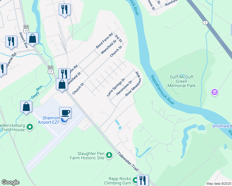 map of restaurants, bars, coffee shops, grocery stores, and more near 11508 Heronview Drive in Fredericksburg