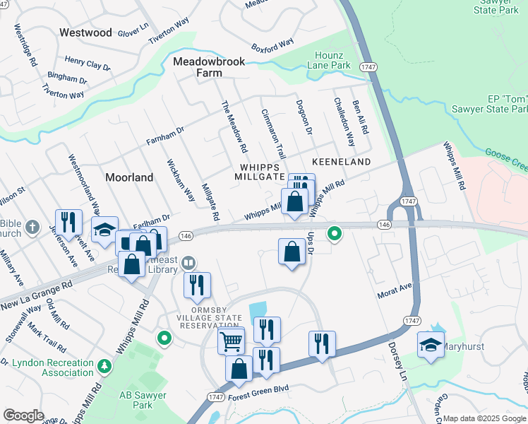 map of restaurants, bars, coffee shops, grocery stores, and more near 9800 Whipps Mill Road in Louisville