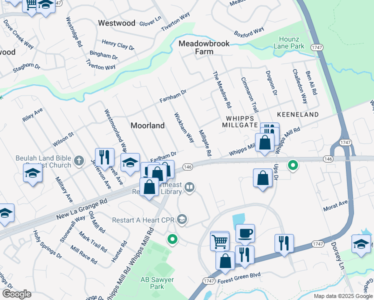 map of restaurants, bars, coffee shops, grocery stores, and more near 9413 La Grange Road in Louisville