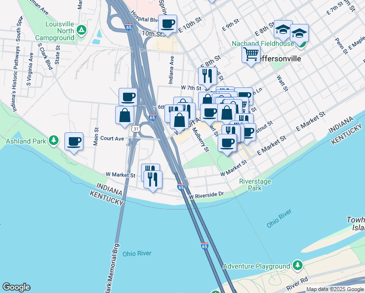map of restaurants, bars, coffee shops, grocery stores, and more near 425 West Maple Street in Jeffersonville