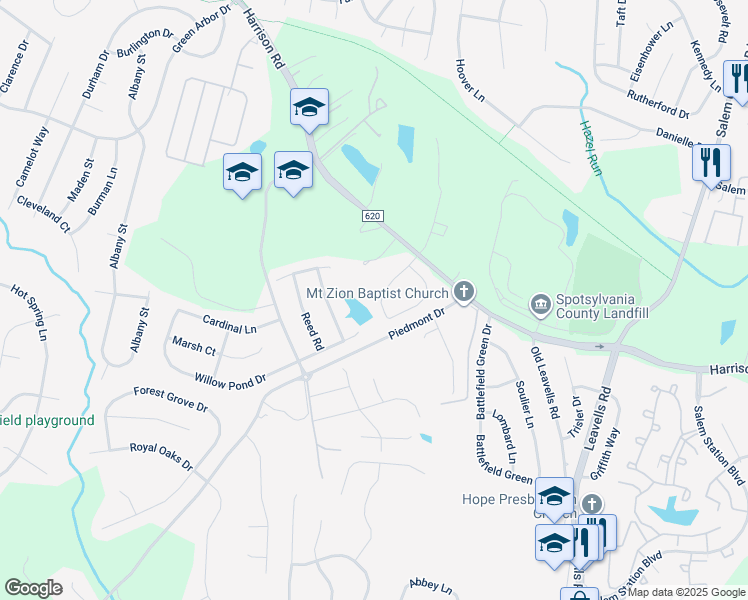 map of restaurants, bars, coffee shops, grocery stores, and more near 6205 Patrician Court in Fredericksburg