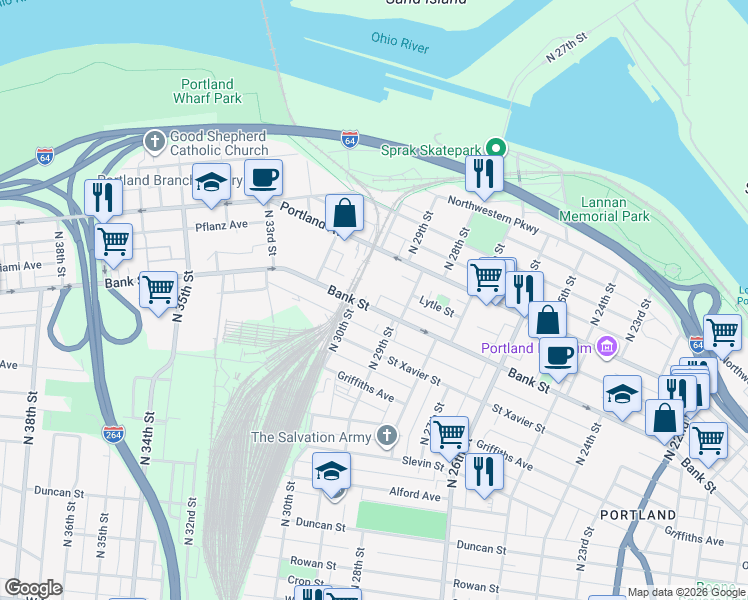 map of restaurants, bars, coffee shops, grocery stores, and more near 2925 Bank Street in Louisville