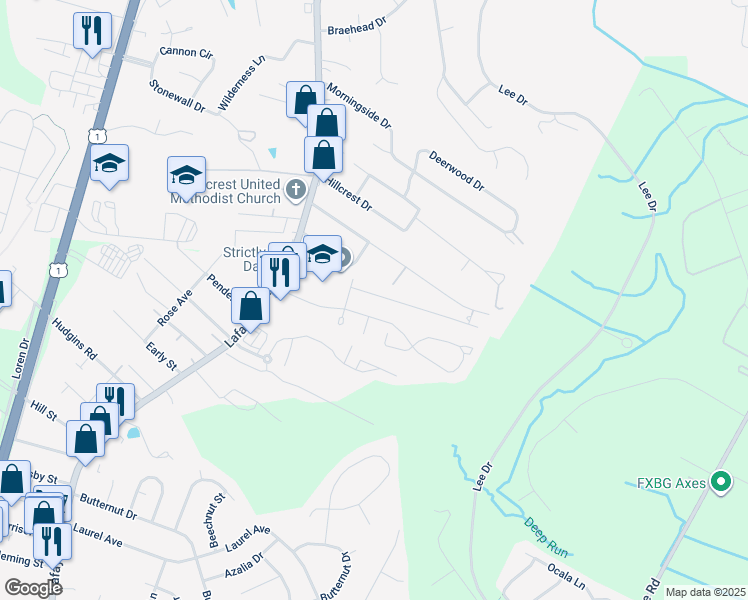 map of restaurants, bars, coffee shops, grocery stores, and more near 155 Farrell Lane in Fredericksburg