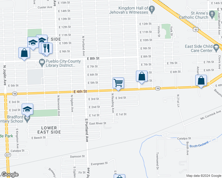 map of restaurants, bars, coffee shops, grocery stores, and more near 1837 1/2 East 4th Street in Pueblo