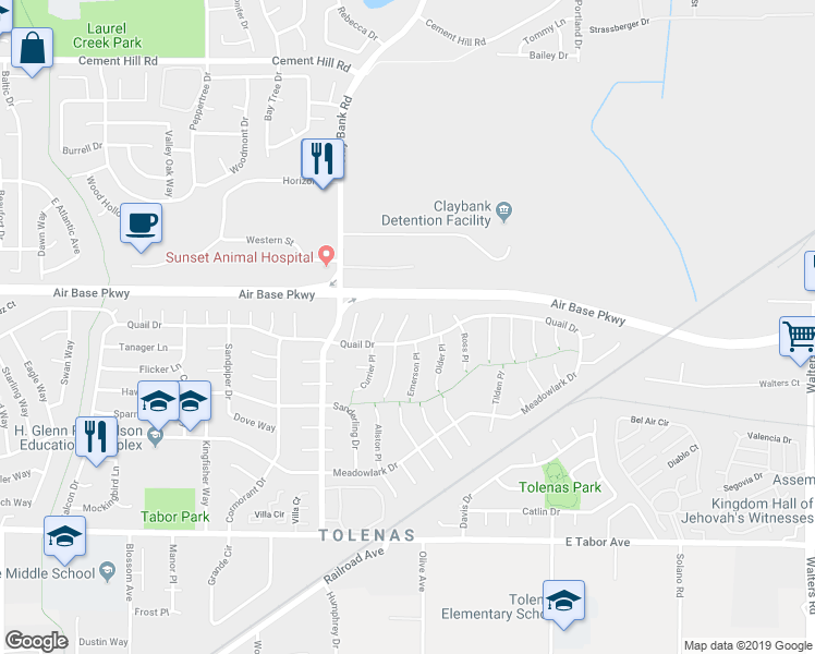 map of restaurants, bars, coffee shops, grocery stores, and more near 2293 Emerson Place in Fairfield