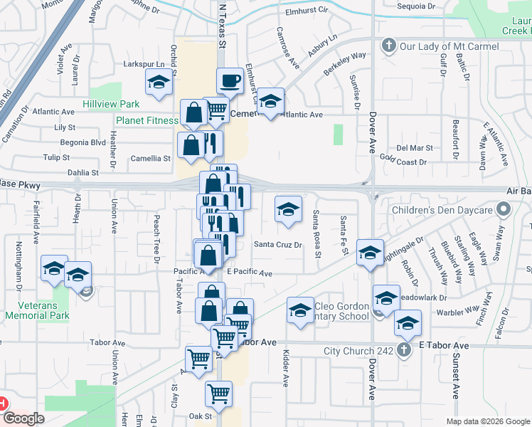 map of restaurants, bars, coffee shops, grocery stores, and more near 261 East Alaska Avenue in Fairfield