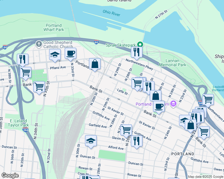 map of restaurants, bars, coffee shops, grocery stores, and more near 2901 Bank Street in Louisville
