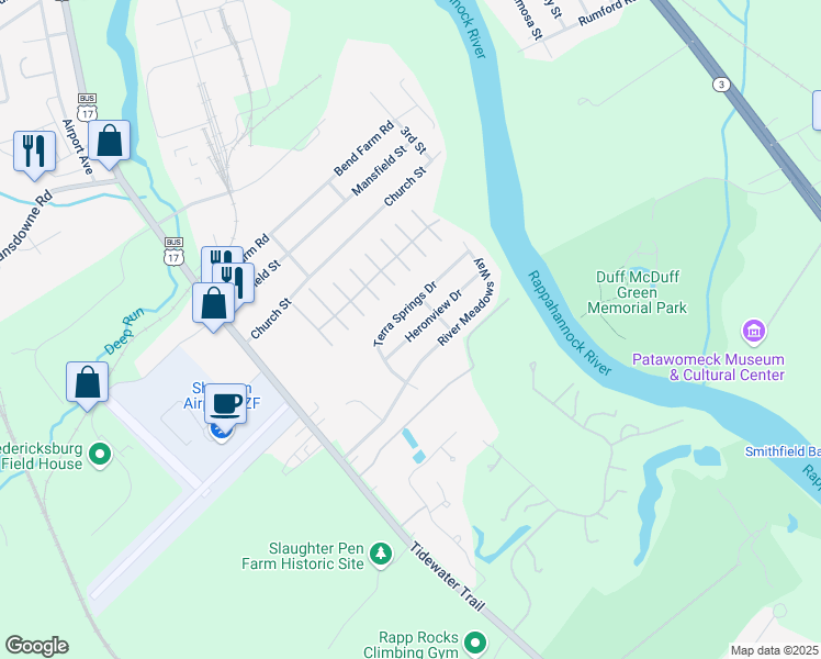 map of restaurants, bars, coffee shops, grocery stores, and more near 11510 Heronview Drive in Fredericksburg