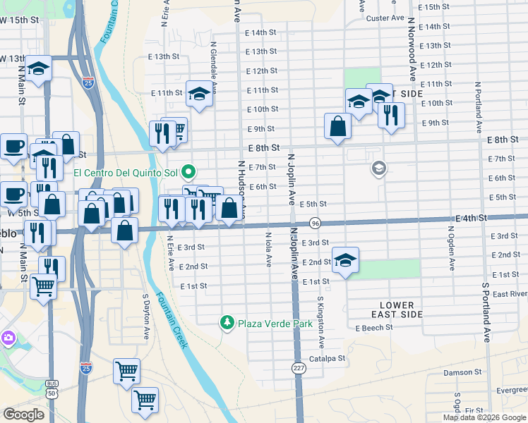 map of restaurants, bars, coffee shops, grocery stores, and more near 1001 East 4th Street in Pueblo