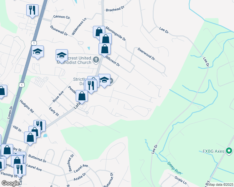 map of restaurants, bars, coffee shops, grocery stores, and more near 143 Farrell Lane in Fredericksburg