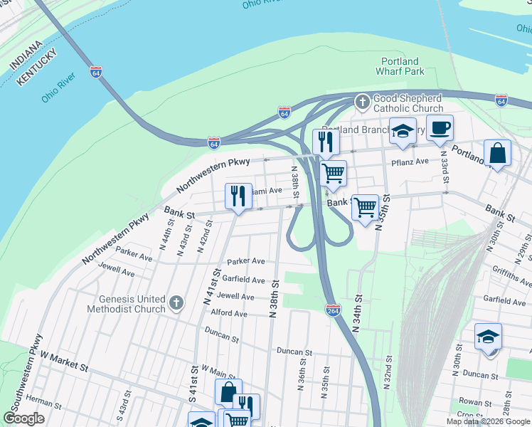 map of restaurants, bars, coffee shops, grocery stores, and more near 3813 Wewoka Avenue in Louisville
