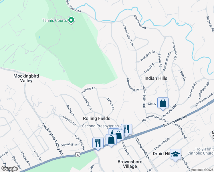 map of restaurants, bars, coffee shops, grocery stores, and more near 3718 Fairway Lane in Louisville