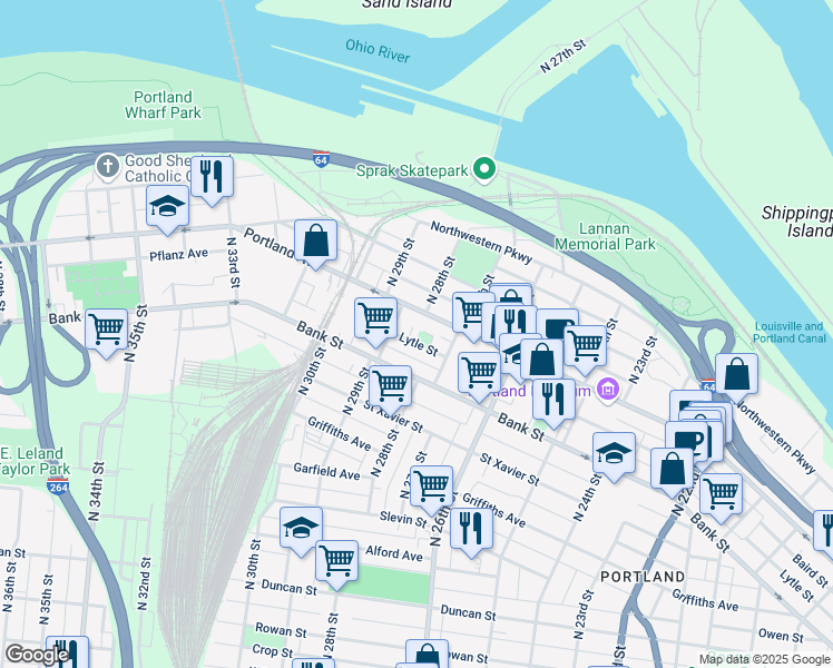map of restaurants, bars, coffee shops, grocery stores, and more near 2802 Lytle Street in Louisville