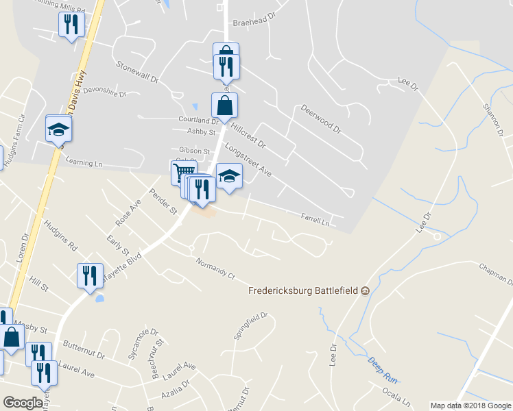 map of restaurants, bars, coffee shops, grocery stores, and more near 143 Farrell Lane in Fredericksburg